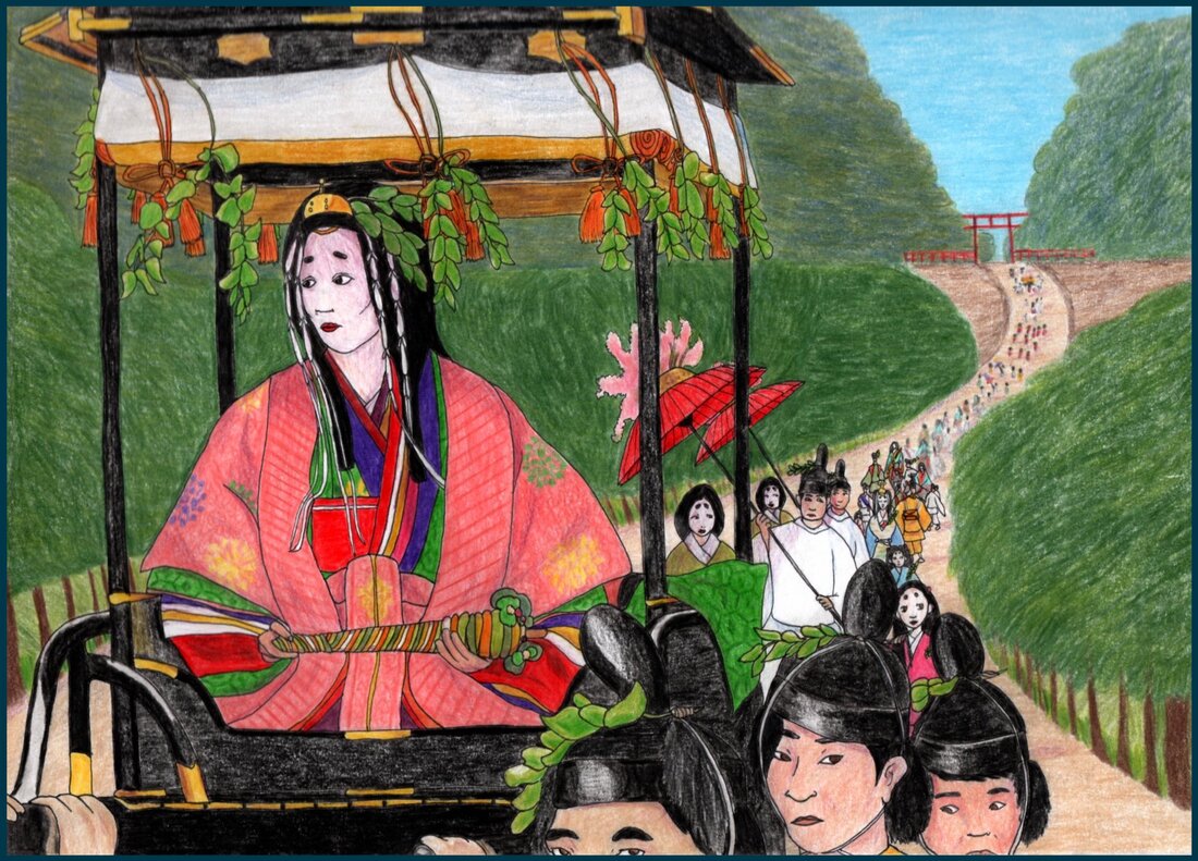 Picture. A Japanese woman in pink and green robes sits in a black lacquered palanquin. She is looking forlornly to her left as she is carried at the front of a procession. Young men carry her palanquin. A crowd of people trails behind them, a mix of well-dressed women, children and men. Everyone wears a sprig of hollyhock. In the distance is the red torii gate of a Shinto shrine.