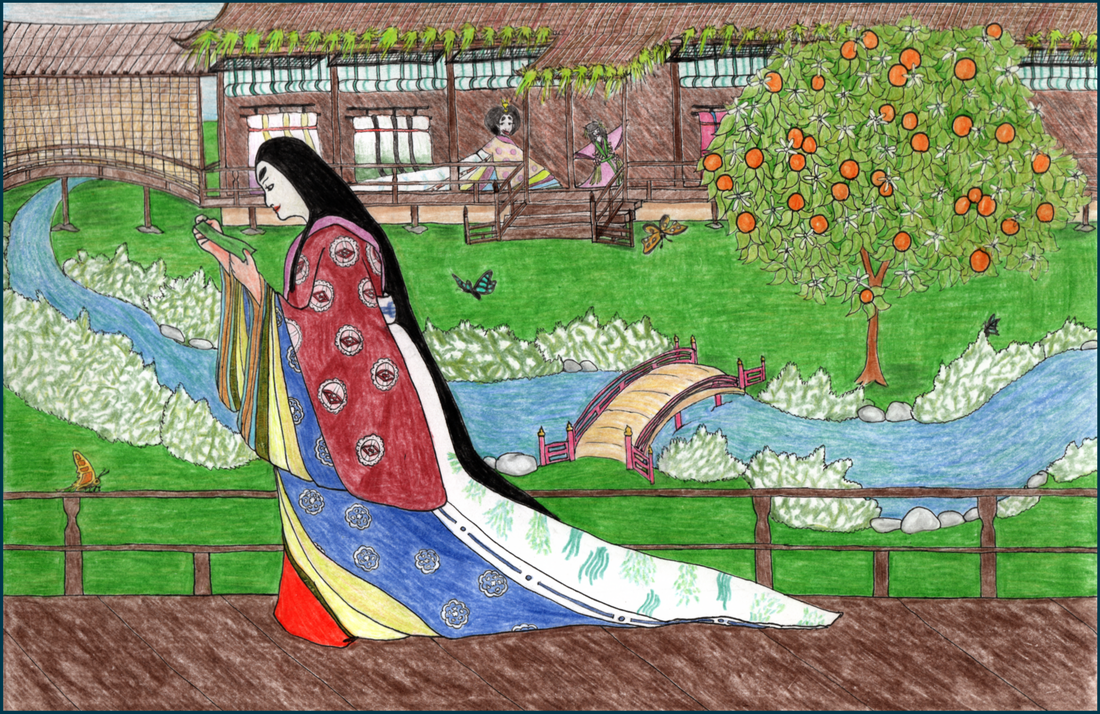 Picture. A Japanese noblewoman in medieval Heian dress walks across a veranda. She is wearing a many-layered brocaded robe in red, blue, green, and tan. She has crimson skirted trousers and a long white train decorated with green and blue patterns. She is smiling at a green piece of paper in her hands. Behind her is a garden, and beyond that, another veranda where another woman sits. A little girl dances next to her but she is looking across the garden at the first woman. There are butterflies fluttering around the scene.