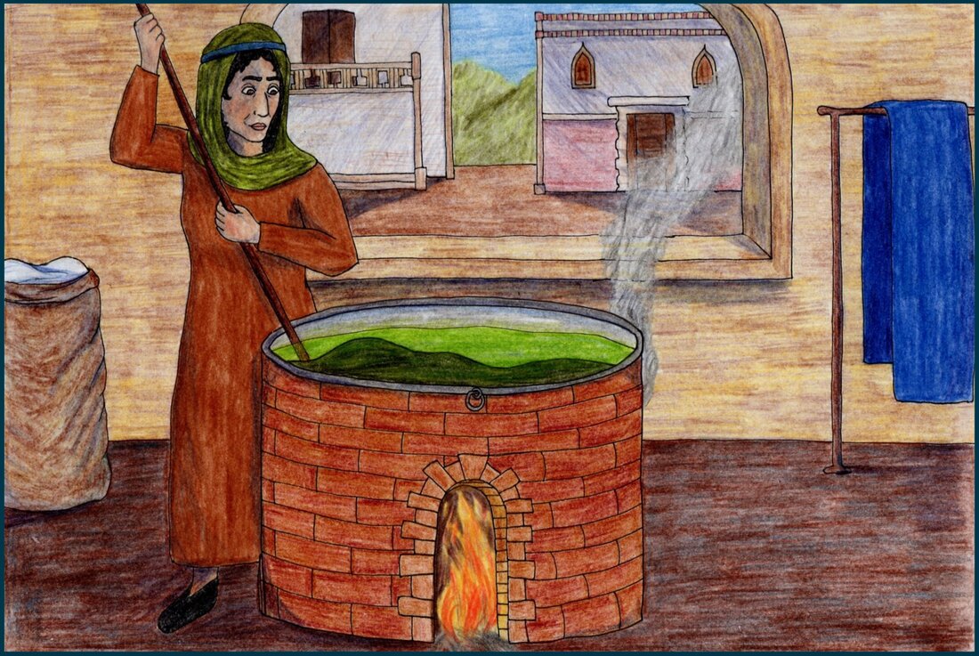 Picture. A Jewish woman stirs cloth inside a dye vat. The metal vat is sitting over a brick oven with a flame visible at the front. The woman wears a simple brown robe with a green veil held around her face by a blue cloth band over her forehead. The liquid and cloth in the vat are green. An oxidized blue cloth hangs to dry on a stand, and there is a sack with undyed white cloth behind the woman. Outside the workshop window is a street scene.