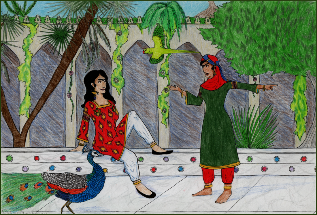 Picture. Two Arab women are in a garden paved with white marble. The woman on the left is reclining on the gem-studded edge of a fountain. She is wearing a red and gold dress with white leggings and black shoes. She wears gold around her wrists and ankles and wears golden earrings. The other woman is in green and red and has her hair mostly covered with a headscarf. A peacock struts in the foreground and a parrot flies between the two women.