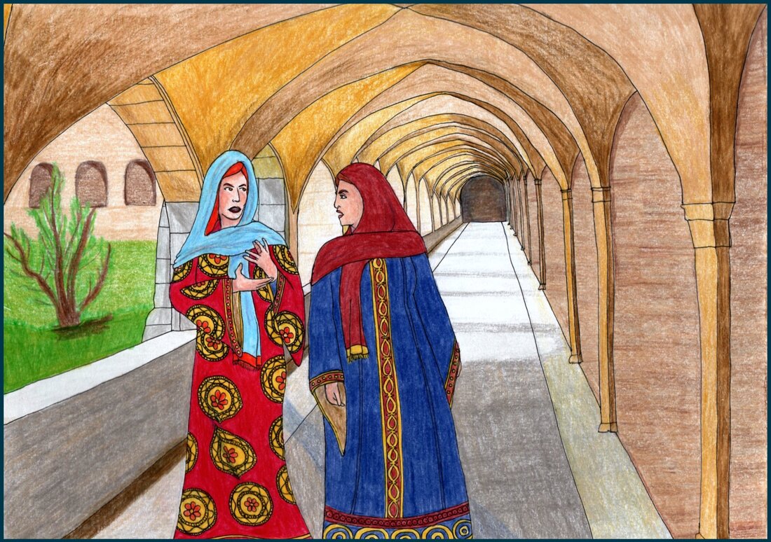 Picture. Two white women walk down the hallway of a medieval cloister. They are wearing splendid robes in gold, red and blue. Through one of the cloister windows, a garden can be seen. The two women are engaged in a heated discussion.