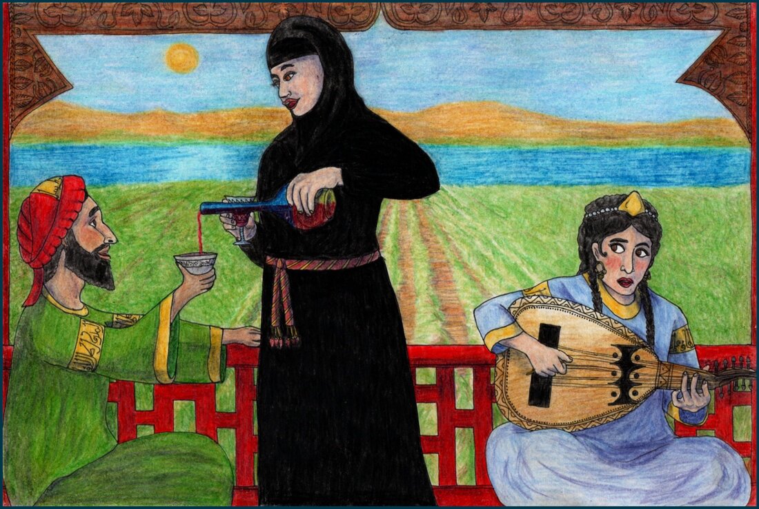 Picture. Three figures are on a balcony overlooking a vineyard. A nun dressed in black with a red and gold belt stands and pours wine into the cup held aloft by a seated man. He wears a turban and robe decorated with golden accents. Behind the nun sits a woman playing an oud. She blushes while looking over at the nun. Beyond the vineyard, the river Tigris shines in the sunlight.