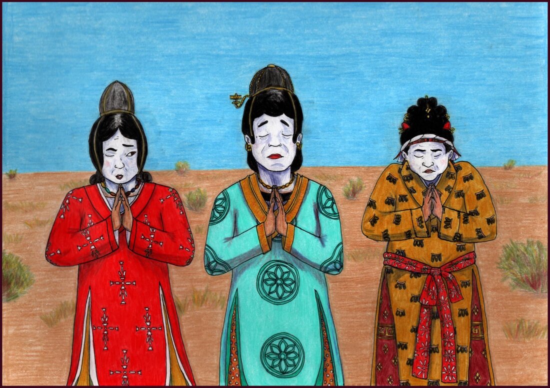 Picture. Three Central Asian women stand praying side by side. The first one wears a red dress and black cap and is peeking at the woman in the middle. The central woman wears an aqua dress and black cap and has her head raised in prayer. The final woman wears a heavy gold silk robe over burgundy trousers and has her head bowed in prayer. Her hair is done up with golden pins and red ornaments in an elaborate bun. Behind them is a desert landscape and a clear blue sky.