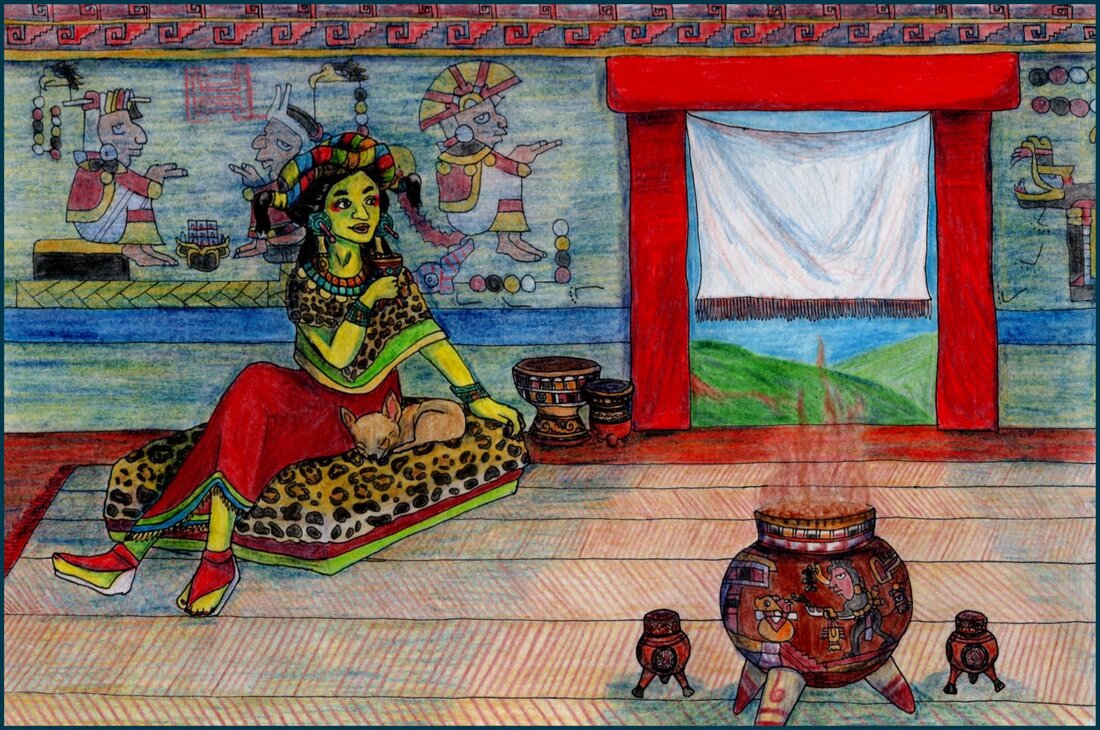 Picture. A Mixtec teenager sits on a large cushion. It is covered with jaguar fur. The girl wears a jaguar fur shawl over layers of green and gold on her torso, a red skirt with gold fringe, and red and white sandals. Her hair is tied with colourful cloth into braids twisted around the top of her head. She wears a necklace of turquoise, gold, and spondylus shells, and earrings and bracelets made of turquoise and gold. Her skin is painted an unnatural shade of yellow. A chihuahua is curled up at her side as she raises a glass of foaming chocolate to her lips. She is sitting in a room with a woven mat over a red floor. There are murals of royal figures on the wall behind her. To her right is a red doorframe hung with a white curtain, overlooking green mountains in the distance. In the light of the doorway stands a large ceramic vessel full of steaming, bubbling chocolate, with two ceramic cups next to it.