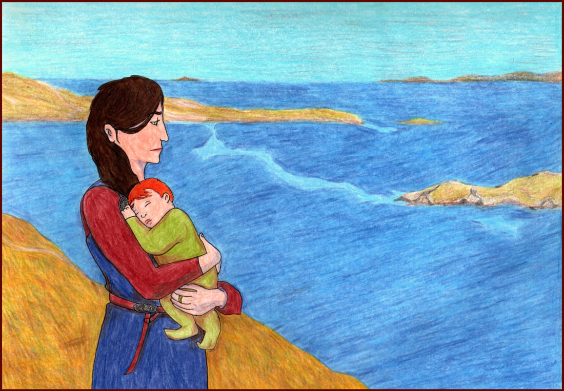 Picture. A young white woman with dark brown hair cradles a red-haired baby. She is dressed in historical Viking clothing with an ivory belt buckle. She is standing on the shore and looking out across the Strait of Pabay, a narrow body of water. There are islands near at hand and in the distance. Her expression could be resigned, worried, or contemplative.