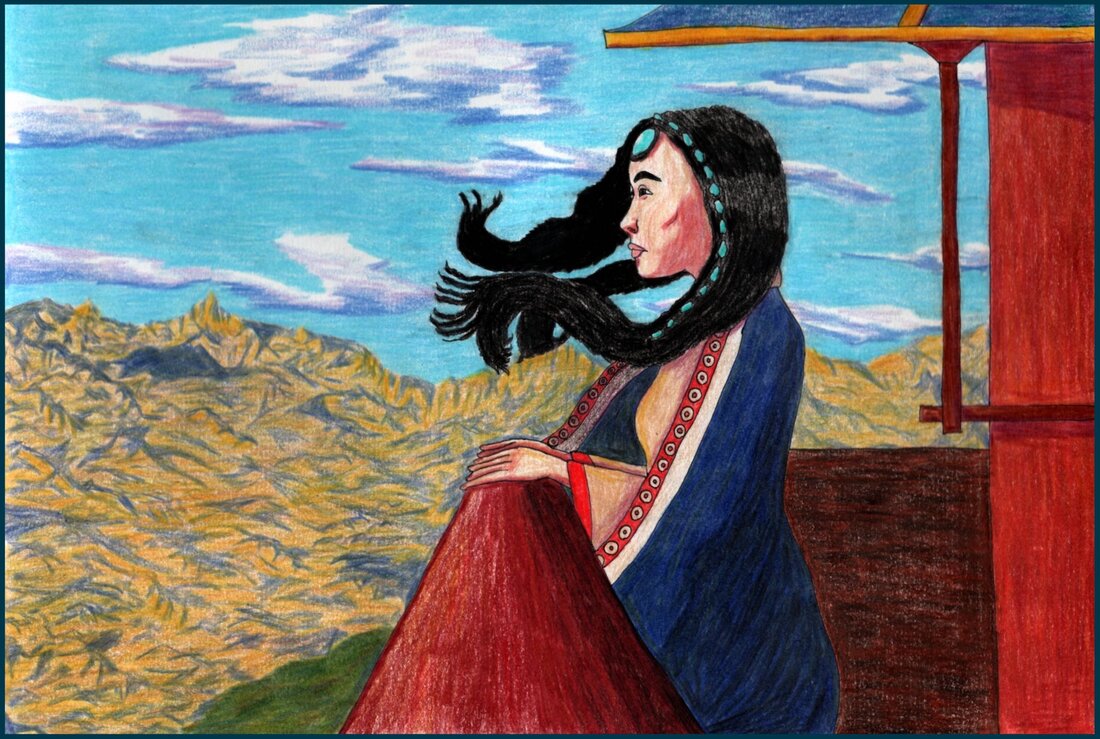 Picture. A Tibetan woman stands looking out from a balcony. She is wearing a blue cloak over a tan dress with red accents on the sleeves. Her hair is braided into microbraids and is blowing in the wind. Turquoise beads are woven into one of the strands, and she has a large round turquoise stone on her forehead. Beyond the red balcony are tall mountains.