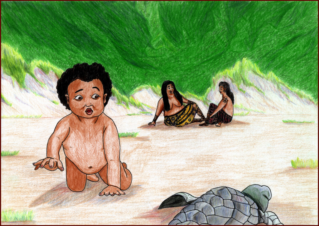 Picture. A brown-skinned baby with dark curly hair crawls across the beach. She is looking curiously at a turtle in the foreground. Behind her, two women sit reclining and talking. Their arms, faces and legs are tattooed. They are sitting in front of dunes that give way to a sloping jungle background.