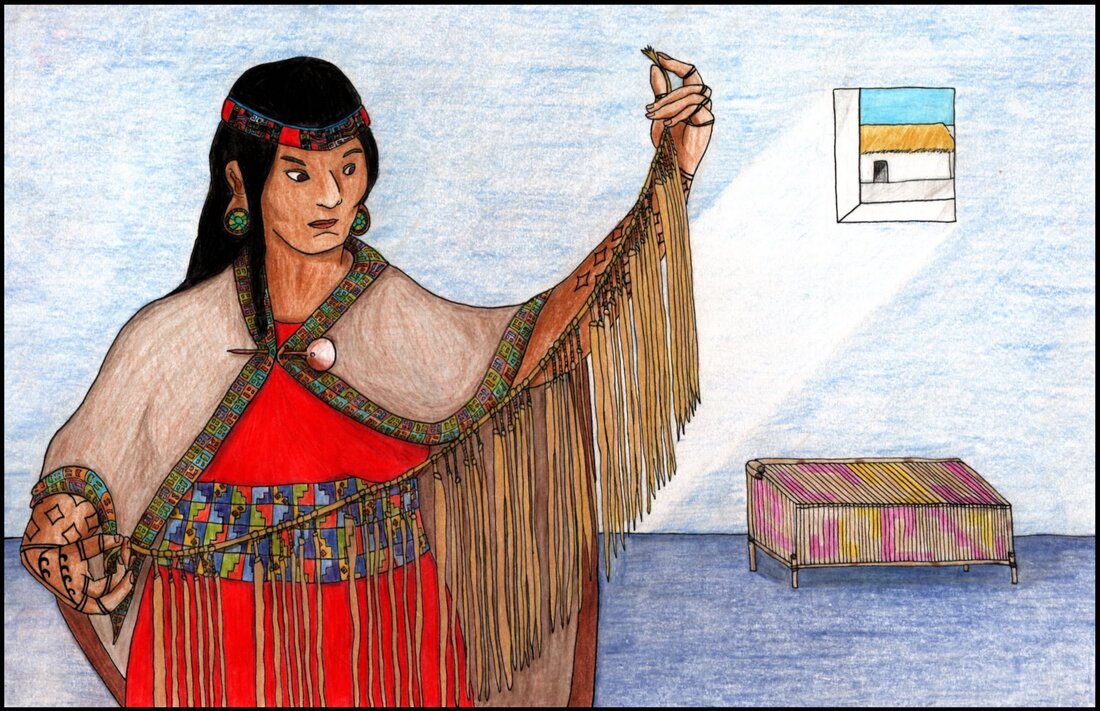 Picture. A Native Andean woman holds a khipu. The woman is wearing a red dress with an intricately designed belt in green, blue, yellow and red. Her headband is made from similar colours. She wears a wool cloak whose edge is decorated with simplified face designs. The cloak is held together with a metal pin. The woman has tattoos on her hands and arms and wears ear plugs. The khipu she holds has a woven top cord from which dangle dozens of pendant cords. She is standing in a room with a small window looking out onto a bright courtyard. There is a box in the room to store her weaving tools. A light shines from the window towards the khipu.