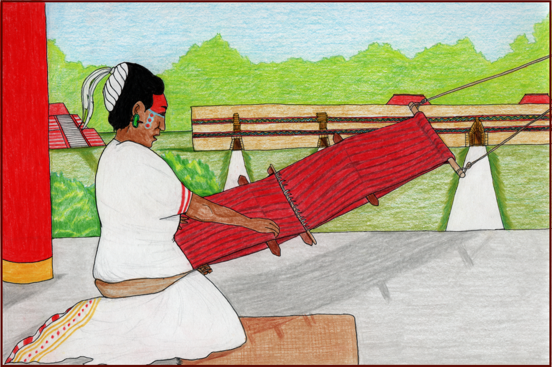 Picture. A Mexican woman kneels before a backstrap loom. She is wearing fine clothing of white, gold and red and a headpiece with a white duck feather. Her face is painted with red and blue, and she wears jade earrings. She is weaving a bright red textile with the loom. She is on a covered porch, looking out on a landscape that includes a red pyramid and a walled city.