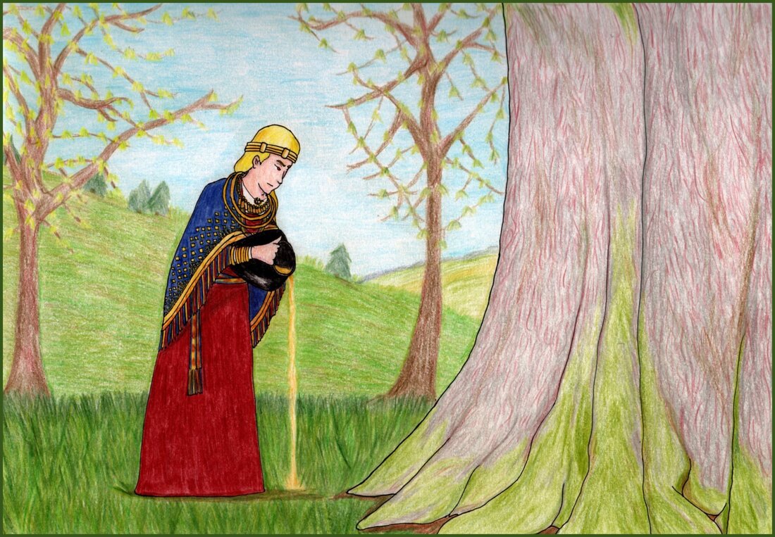 Picture. A blonde woman stands in front of a giant oak tree. She is pouring beer from a black ceramic container into the roots of the tree. She wears a red dress, and her blue cloak is decorated with golden dots that look like stars. She wears large golden hoops around her neck and has a golden hairband. Behind her are trees with spring buds and distant hills.