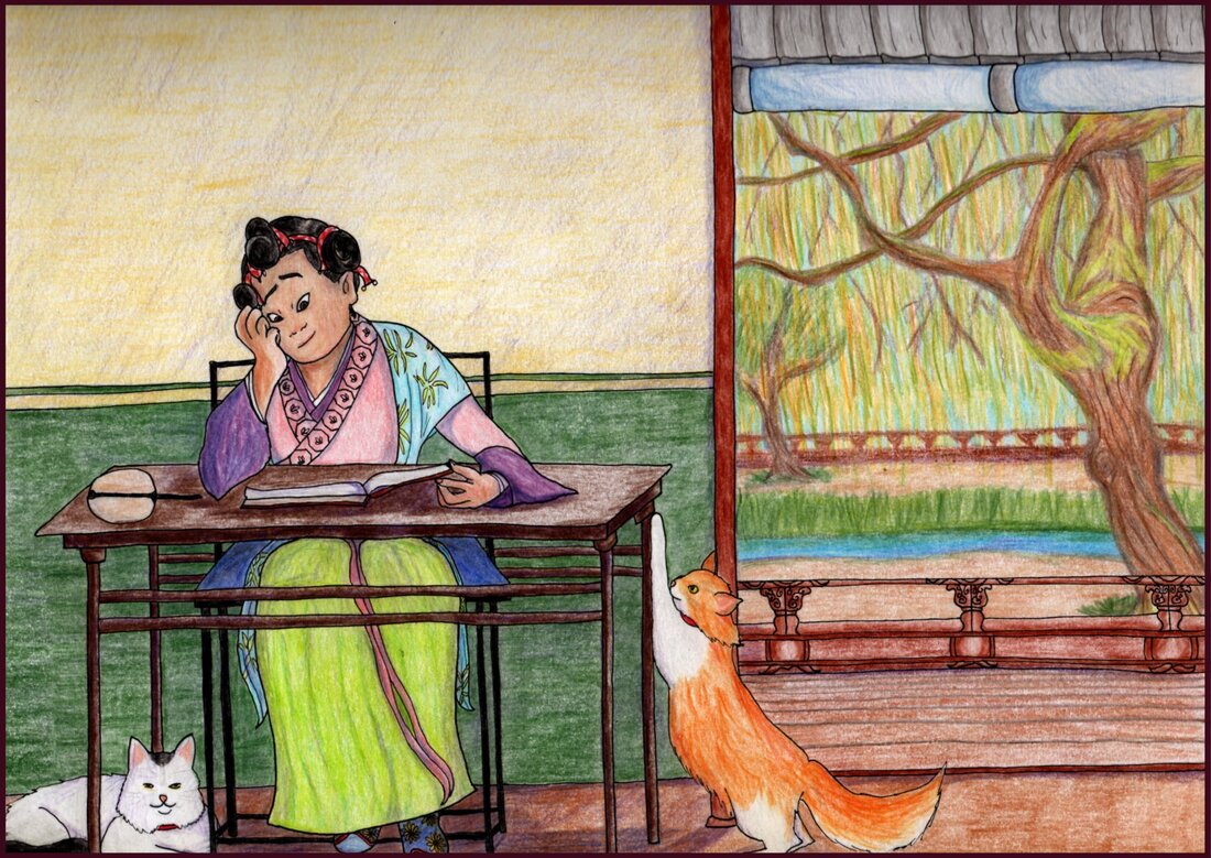 Picture. A young Chinese girl sits at a wooden table. She has her hair done up in little buns with a red ribbon. She is smiling down at a book and wearing robes of pink, light blue, and lime green. A white and black long-haired cat sits at her feet, while another ginger and white long-haired cat scratches at her table. The cats wear red collars. An open doorway beside her shows a view of a veranda and garden beyond, with willow trees in autumn colours and a small pond.