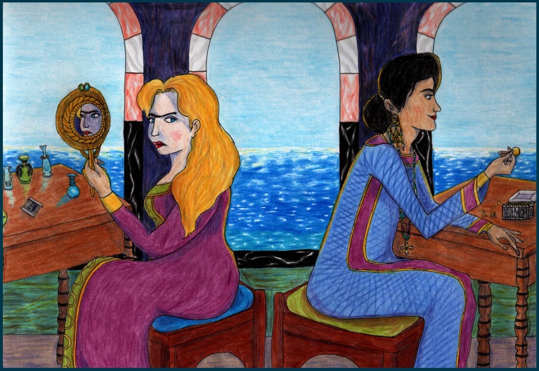 Picture. Two white women sit back to back on cushioned stools. The woman on the left, Zoë, has long blonde hair and is glaring at the other woman, Theodora, over her shoulder. Zoë's frown is reflected in a mirror. She is sitting at a table full of colourful glass bottles. The other woman, Theodora, is looking at a gold coin and is sitting at a desk with a box of money on it. Behind them are three windows looking out at the view of a glittering sea. 